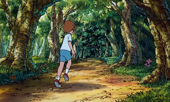 Movie still from “Pooh's Grand Adventure: The Search for Christopher Robin” (1997), directed by Karl Geurs – A person running on a dirt path in the woods; Extreme Wide shot, High angle