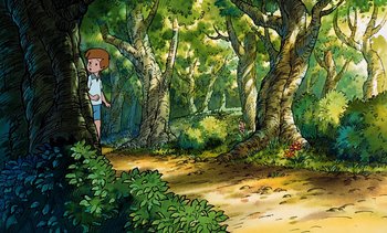 Movie still from “Pooh's Grand Adventure: The Search for Christopher Robin” (1997), directed by Karl Geurs – A boy is standing in the middle of a forest; Extreme Wide shot, High angle