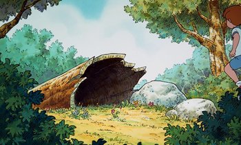 Movie still from “Pooh's Grand Adventure: The Search for Christopher Robin” (1997), directed by Karl Geurs – An artistic drawing of a tree stump in the middle of a forest; Extreme Wide shot, High angle