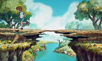 Movie still from “Pooh's Grand Adventure: The Search for Christopher Robin” (1997), directed by Karl Geurs – A cartoon of a person standing on a bridge over a river; Extreme Wide shot, High angle