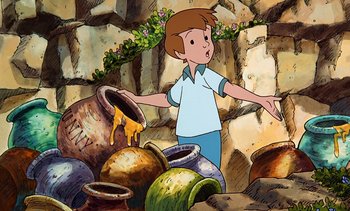 Movie still from “Pooh's Grand Adventure: The Search for Christopher Robin” (1997), directed by Karl Geurs – A cartoon of a boy standing in front of a pile of pottery; Medium shot, High angle