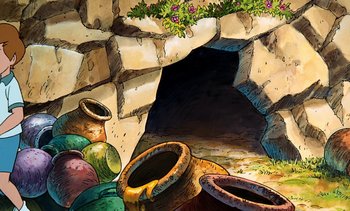 Movie still from “Pooh's Grand Adventure: The Search for Christopher Robin” (1997), directed by Karl Geurs – An illustration of an empty cave with pots and plants; Wide shot, High angle