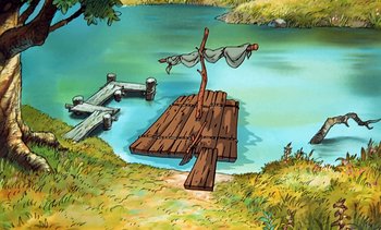 Movie still from “Pooh's Grand Adventure: The Search for Christopher Robin” (1997), directed by Karl Geurs – An illustration of a wooden raft in a lake; Extreme Wide shot, High angle