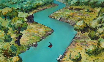 Movie still from “Pooh's Grand Adventure: The Search for Christopher Robin” (1997), directed by Karl Geurs – An aerial view of a river with a boat on it; Extreme Wide shot, Overhead angle