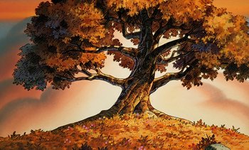 Movie still from “Pooh's Grand Adventure: The Search for Christopher Robin” (1997), directed by Karl Geurs – An artistic painting of a tree in the middle of a field; Extreme Wide shot, Low angle