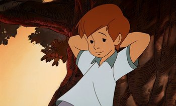 Movie still from “Pooh's Grand Adventure: The Search for Christopher Robin” (1997), directed by Karl Geurs – A cartoon picture of a young boy in a white shirt; Medium shot, High angle