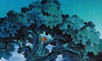 Movie still from “Pooh's Grand Adventure: The Search for Christopher Robin” (1997), directed by Karl Geurs – A painting of an orange cat sitting in a tree; Extreme Wide shot, Low angle