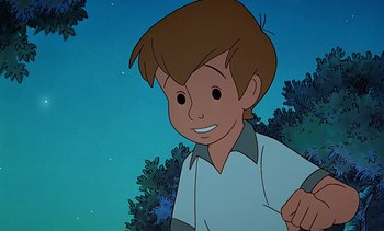 Movie still from “Pooh's Grand Adventure: The Search for Christopher Robin” (1997), directed by Karl Geurs – A cartoon picture of a young boy smiling for the camera; Close Up shot, Overhead angle