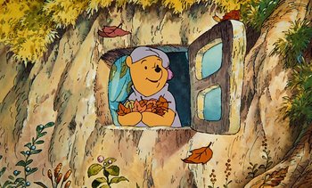 Movie still from “Pooh's Grand Adventure: The Search for Christopher Robin” (1997), directed by Karl Geurs – Winnie the pooh in a window of a tree; Extreme Wide shot, Low angle