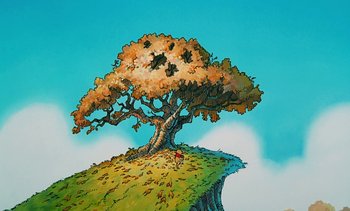 Movie still from “Pooh's Grand Adventure: The Search for Christopher Robin” (1997), directed by Karl Geurs – An artistic drawing of a tree on a hill; Extreme Wide shot, High angle