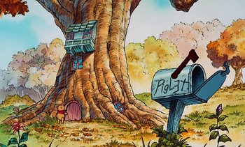 Movie still from “Pooh's Grand Adventure: The Search for Christopher Robin” (1997), directed by Karl Geurs – Winnie the pooh and his house in a tree; Wide shot, Low angle