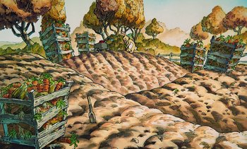 Movie still from “Pooh's Grand Adventure: The Search for Christopher Robin” (1997), directed by Karl Geurs – An illustration of a field with a tractor in the background; Extreme Wide shot, High angle