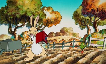 Movie still from “Pooh's Grand Adventure: The Search for Christopher Robin” (1997), directed by Karl Geurs – A cartoon of a rabbit holding a book in its mouth; Wide shot, High angle