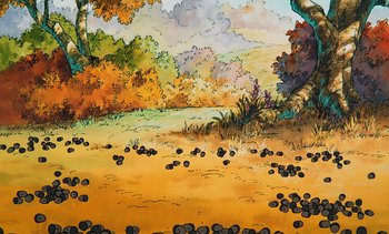 Movie still from “Pooh's Grand Adventure: The Search for Christopher Robin” (1997), directed by Karl Geurs – A painting of a river with rocks in it; Extreme Wide shot, High angle