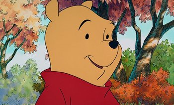 Movie still from “Pooh's Grand Adventure: The Search for Christopher Robin” (1997), directed by Karl Geurs – A painting of winnie the pooh in front of trees; Close Up shot, Low angle