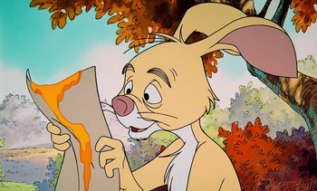 Movie still from “Pooh's Grand Adventure: The Search for Christopher Robin” (1997), directed by Karl Geurs – A painting of a rabbit holding an object in his mouth; Close Up shot, High angle