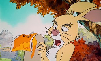 Movie still from “Pooh's Grand Adventure: The Search for Christopher Robin” (1997), directed by Karl Geurs – An animated cat holding a hot dog in its mouth; Close Up shot, High angle