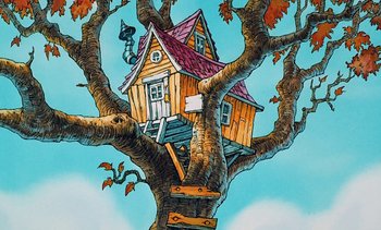 Movie still from “Pooh's Grand Adventure: The Search for Christopher Robin” (1997), directed by Karl Geurs – A drawing of a tree with a house on top of it; Wide shot, Low angle