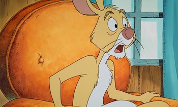 Movie still from “Pooh's Grand Adventure: The Search for Christopher Robin” (1997), directed by Karl Geurs – A painting of a rabbit sitting on a couch; Close Up shot, Over the shoulder angle