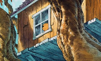 Movie still from “Pooh's Grand Adventure: The Search for Christopher Robin” (1997), directed by Karl Geurs – A drawing of a bear looking out of a window; Extreme Wide shot, Low angle