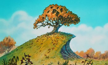 Movie still from “Pooh's Grand Adventure: The Search for Christopher Robin” (1997), directed by Karl Geurs – A painting of an oak tree on a hill; Extreme Wide shot, Low angle