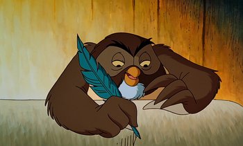 Movie still from “Pooh's Grand Adventure: The Search for Christopher Robin” (1997), directed by Karl Geurs – An animated owl holding a pen and a blue feather; Close Up shot, High angle