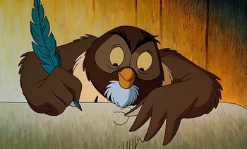 Movie still from “Pooh's Grand Adventure: The Search for Christopher Robin” (1997), directed by Karl Geurs – An animated bird is holding a blue feather in its beak; Close Up shot, High angle