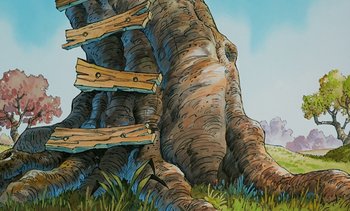 Movie still from “Pooh's Grand Adventure: The Search for Christopher Robin” (1997), directed by Karl Geurs – An illustration of a tree trunk with a fence on it's side; Wide shot, Low angle