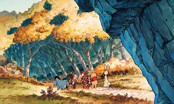 Movie still from “Pooh's Grand Adventure: The Search for Christopher Robin” (1997), directed by Karl Geurs – A group of winnie the pooh characters walking through the woods; Extreme Wide shot, High angle