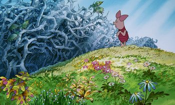 Movie still from “Pooh's Grand Adventure: The Search for Christopher Robin” (1997), directed by Karl Geurs – A painting of piglet standing on a hill near trees; Wide shot, Low angle