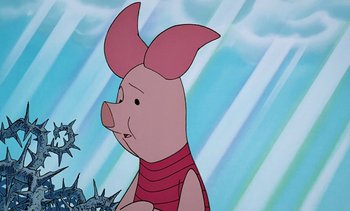 Movie still from “Pooh's Grand Adventure: The Search for Christopher Robin” (1997), directed by Karl Geurs – Piglet from winnie the pooh is looking at something in the sky; Close Up shot, Low angle
