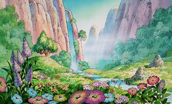 Movie still from “Pooh's Grand Adventure: The Search for Christopher Robin” (1997), directed by Karl Geurs – A painting of a valley with flowers and a waterfall; Extreme Wide shot, High angle