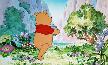 Movie still from “Pooh's Grand Adventure: The Search for Christopher Robin” (1997), directed by Karl Geurs – Winnie the pooh is holding a cup in his hands; Extreme Wide shot, Low angle