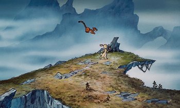 Movie still from “Pooh's Grand Adventure: The Search for Christopher Robin” (1997), directed by Karl Geurs – A painting of a cat and a dog on a hill; Extreme Wide shot, High angle