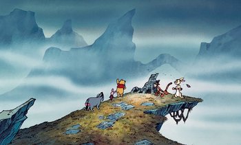 Movie still from “Pooh's Grand Adventure: The Search for Christopher Robin” (1997), directed by Karl Geurs – A group of people standing on top of a mountain; Extreme Wide shot, Low angle