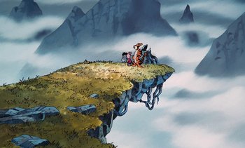 Movie still from “Pooh's Grand Adventure: The Search for Christopher Robin” (1997), directed by Karl Geurs – A painting of a tiger and a person standing on top of a cliff; Extreme Wide shot, High angle