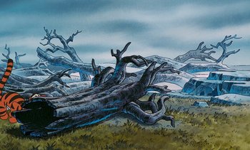 Movie still from “Pooh's Grand Adventure: The Search for Christopher Robin” (1997), directed by Karl Geurs – An illustration of a tree trunk in the middle of a field; Extreme Wide shot, Low angle