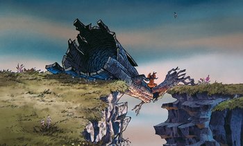 Movie still from “Pooh's Grand Adventure: The Search for Christopher Robin” (1997), directed by Karl Geurs – An illustration of a dragon attacking a ship; Extreme Wide shot, Low angle