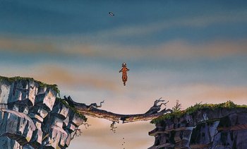 Movie still from “Pooh's Grand Adventure: The Search for Christopher Robin” (1997), directed by Karl Geurs – An image of a tiger jumping over a bridge; Extreme Wide shot, Overhead angle
