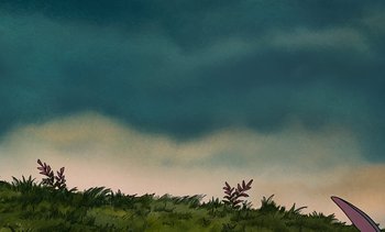 Movie still from “Pooh's Grand Adventure: The Search for Christopher Robin” (1997), directed by Karl Geurs – A painting of a tree in the middle of a grassy field; Extreme Wide shot, Low angle