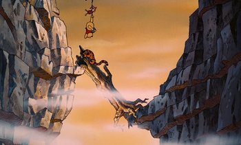Movie still from “Pooh's Grand Adventure: The Search for Christopher Robin” (1997), directed by Karl Geurs – An animated scene of a cat and a bird flying over a cliff; Extreme Wide shot, Low angle