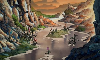Movie still from “Pooh's Grand Adventure: The Search for Christopher Robin” (1997), directed by Karl Geurs – A painting of a river with plants growing in it; Extreme Wide shot, High angle