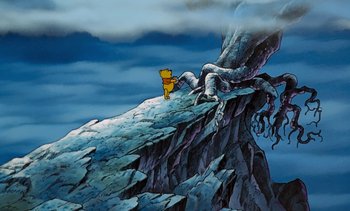 Movie still from “Pooh's Grand Adventure: The Search for Christopher Robin” (1997), directed by Karl Geurs – A painting of a tree with a yellow sign on it; Extreme Wide shot, Low angle