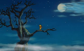 Movie still from “Pooh's Grand Adventure: The Search for Christopher Robin” (1997), directed by Karl Geurs – A painting of a cat sitting on top of a dead tree; Extreme Wide shot, Low angle