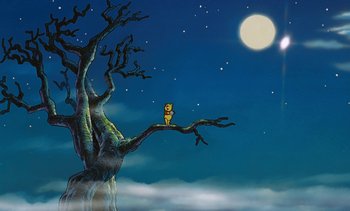 Movie still from “Pooh's Grand Adventure: The Search for Christopher Robin” (1997), directed by Karl Geurs – An owl sitting on top of a tree in front of a full moon; Extreme Wide shot, Low angle