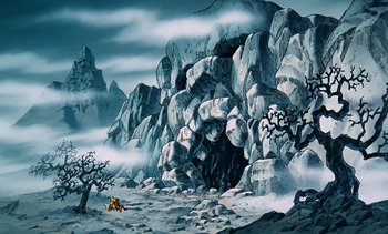 Movie still from “Pooh's Grand Adventure: The Search for Christopher Robin” (1997), directed by Karl Geurs – A painting of a cave in the middle of the desert; Extreme Wide shot, Low angle