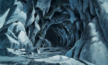 Movie still from “Pooh's Grand Adventure: The Search for Christopher Robin” (1997), directed by Karl Geurs – An artistic drawing of a cave filled with rocks and trees; Extreme Wide shot, High angle