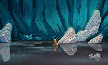 Movie still from “Pooh's Grand Adventure: The Search for Christopher Robin” (1997), directed by Karl Geurs – A painting of winnie the pooh sitting in the water; Extreme Wide shot, High angle
