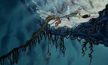 Movie still from “Pooh's Grand Adventure: The Search for Christopher Robin” (1997), directed by Karl Geurs – A painting of a tree branch with a cat hanging from it's branch; Extreme Wide shot, High angle