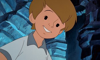 Movie still from “Pooh's Grand Adventure: The Search for Christopher Robin” (1997), directed by Karl Geurs – A cartoon picture of a boy smiling for the camera; Close Up shot, Low angle